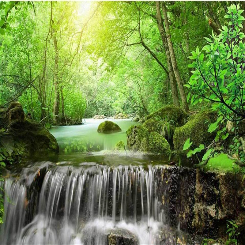 Sunshine trees green landscape water production financial TV wall background custom large fresco green wallpaper