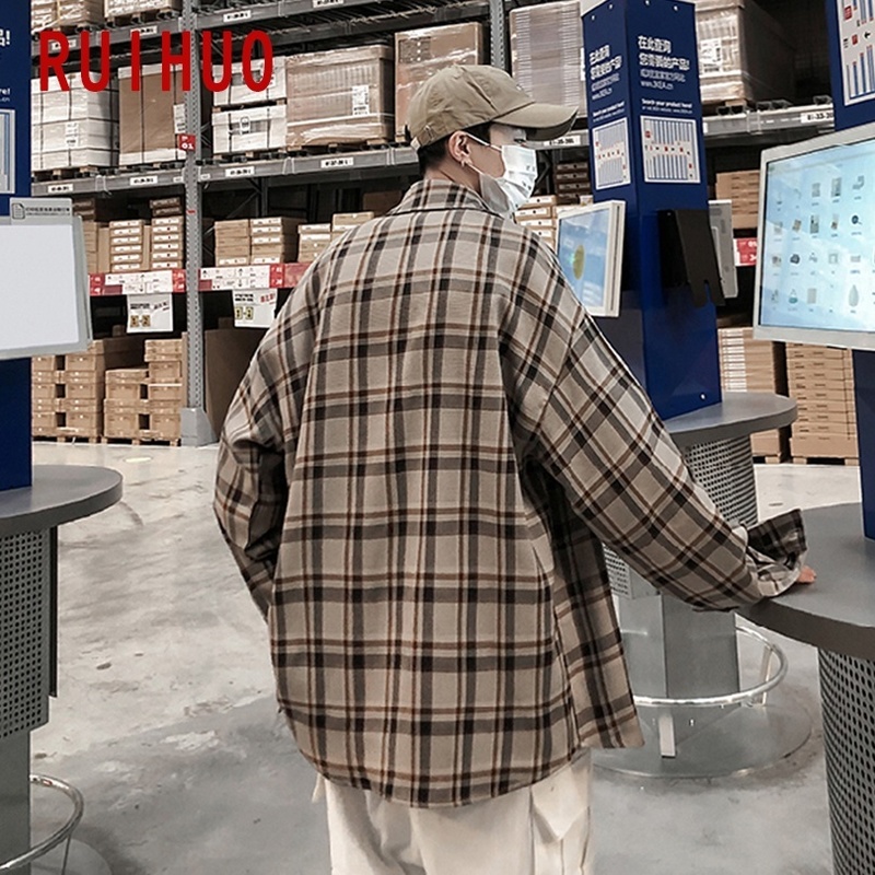 RUIHUO Plaid Men Shirts For Clothing Korean Style Long Sleeve Clothes 5XL Spring 220322