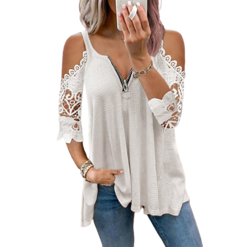 Summer Fashion Solid Color Casual Top Women's Sexy Low-Cut V-Neck Zipper Stitching Lace Mid-Sleeve Plus Size T-Shirt Women 220321