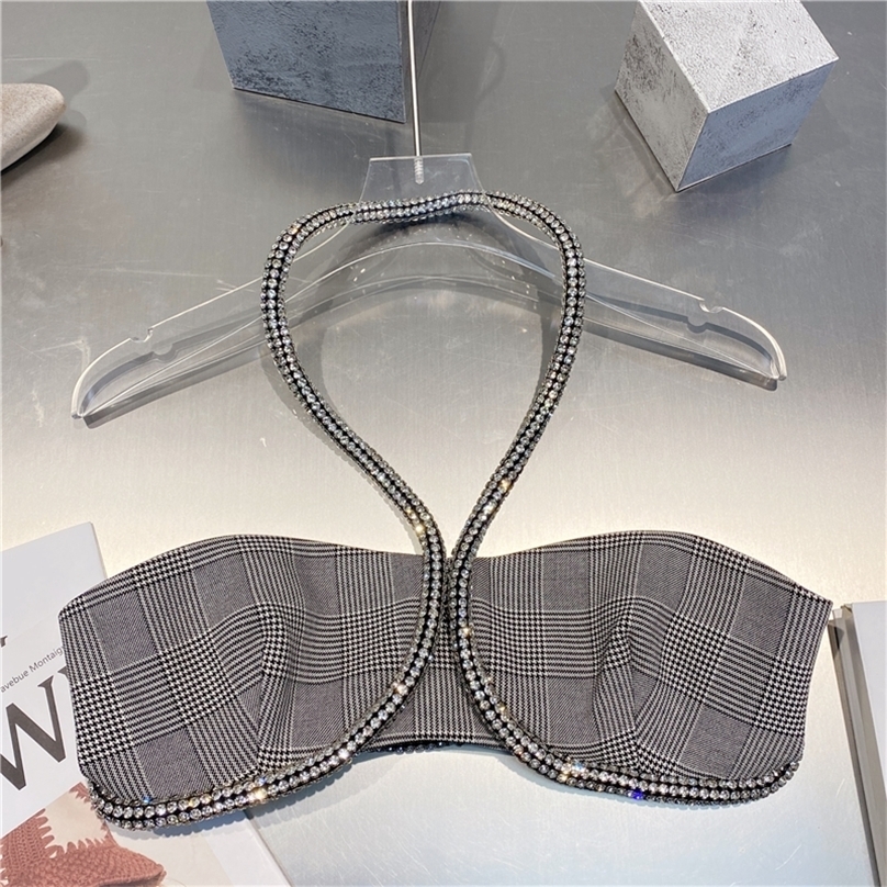 Summer French Ins Style Fashion Plaid Camisole Sexy Diamond-Studded Halterneck Tube Top Women Nightclub Party Tank Tops 220325