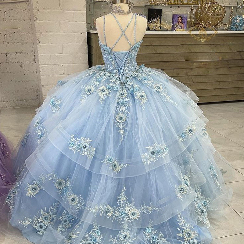 Sky Blue Quinceanera Dresses 3D Flower Sweet 15 Gowns Criss Cross Vestidos De XV Anos for Junior Ball Gowns
