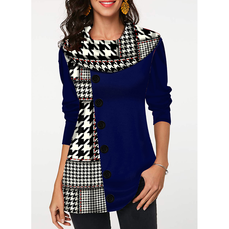 Spring Patchwork Printing Button Vintage T-shirt Female Clothing Long Sleeve Fashion Tops Women's Tunics Oversized T-shirts 5XL 220321