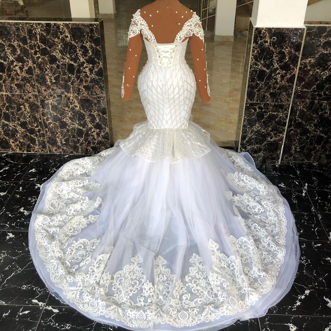 2022 Plus Size Arabic Aso Ebi Luxurious Mermaid Sparkly Wedding Dress Sheer Neck Lace Bridal Gowns Dresses ZJ998