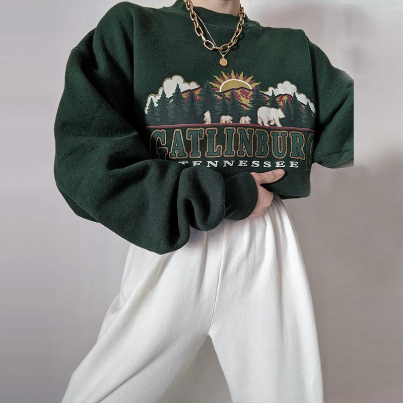 QWEEK Y2K Vintage Green Women Hoodies Oversize E Girl Aesthetic Print Sweatshirt Autumn 90s Street Pullover Long Sleeve Top 220324