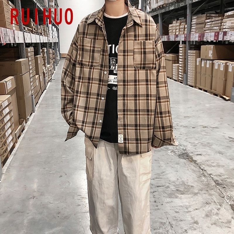 RUIHUO Plaid Men Shirts For Clothing Korean Style Long Sleeve Clothes 5XL Spring 220322