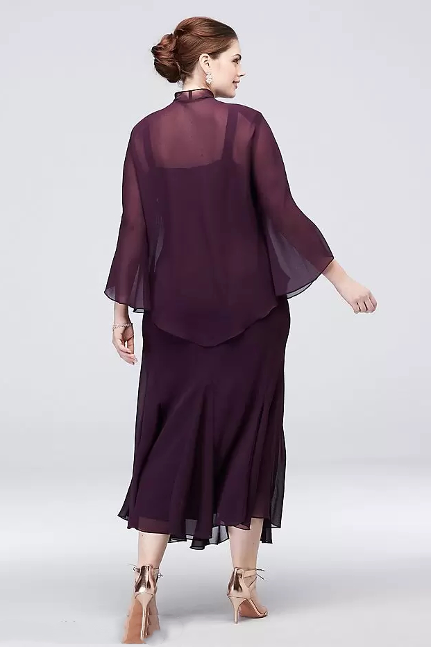 Elegant Tea Length Chiffon Mother Of The Bride Dresses Suits With Jacket Luxury Beaded Dusty Grape Wedding Guest Dress 2 Piece Groom Mothers Party Pro