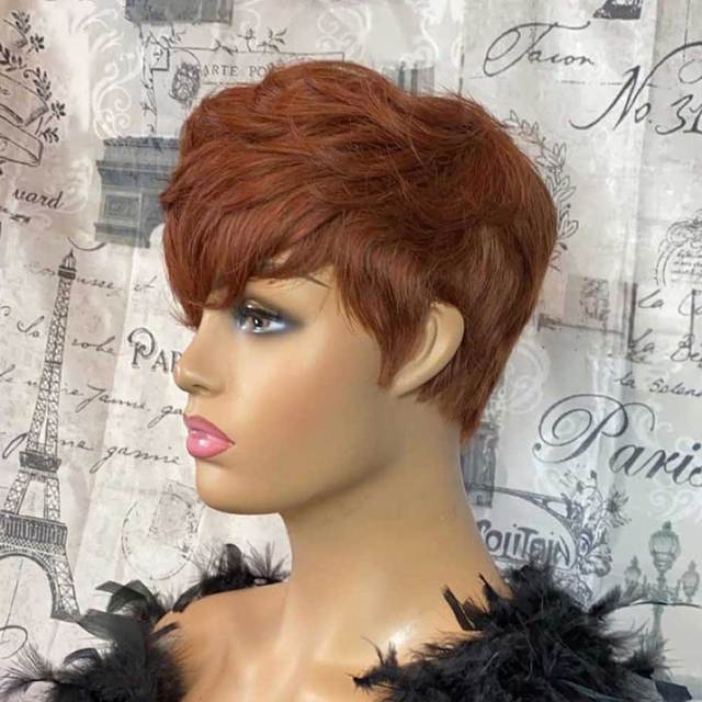 Honey Blonde Short Bob Pixie Cut Wig Natural Wave Brazilian Remy Human Hair Wig With Bangs For Women Full Machine Made