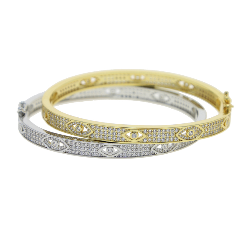 Gold Plated Turkish Evil Eye Bangle Bracelet for Women and Men, Micro Paved Clear Full Cubic Zirconia Jewelry