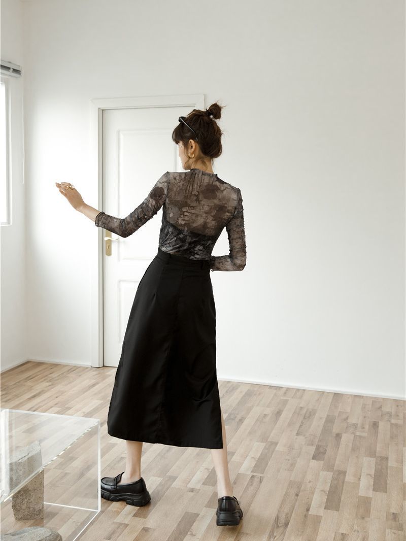 CHEERART Tulle Transparent Top Long Sleeve T Shirt Women Abstraction Print See Through Ladies Top Women Clothing 220527