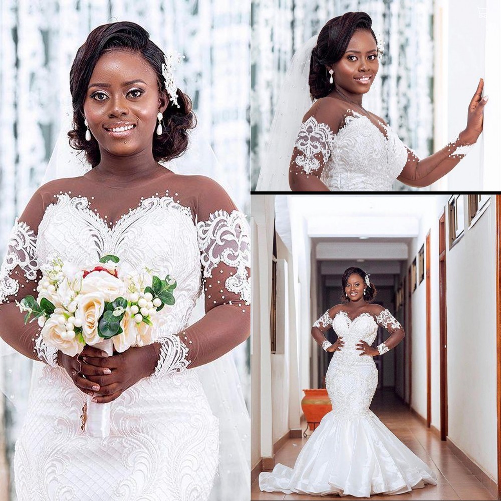 2022 Sexy Arabic Aso Ebi Mermaid Wedding Gowns Bridal Gowns Sheer Illusion Neck Lace Appliques Crystal Beaded Long Sleeves Plus Size Vintage