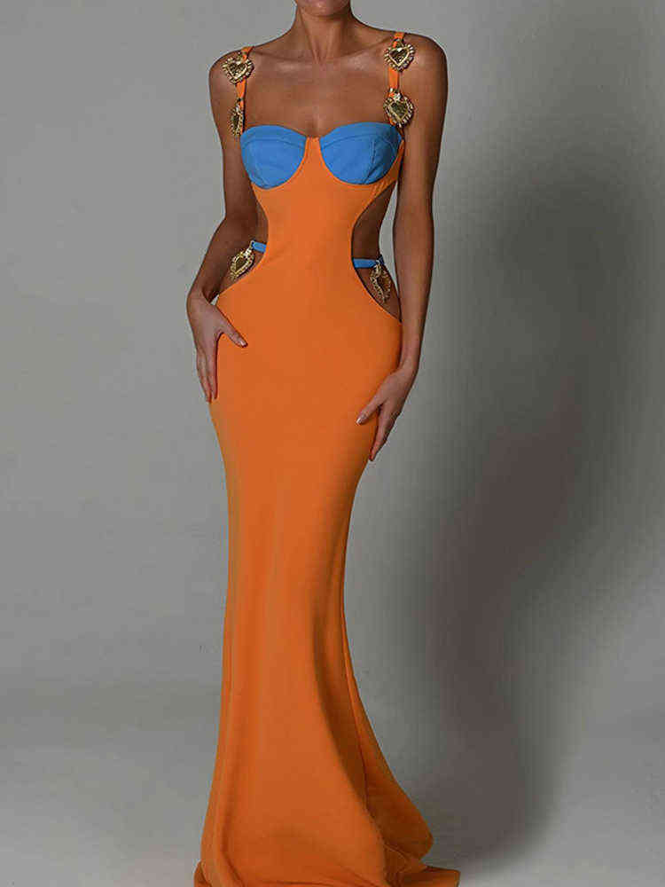 Sexy Slip Maxi Dress Women Sleeveless Cutout Patchwork Long Dresses 2022 Summer Metal Shell Fashion Beach Vacation Lady Vestidos T220816