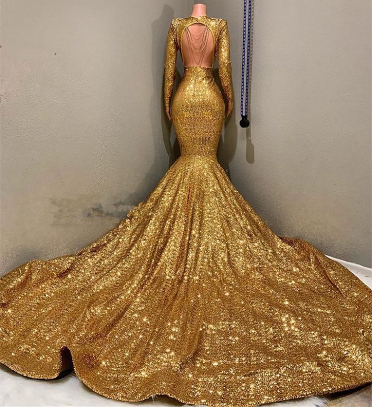 Gorgeous Long Sleeve Gold Sequins Prom Dresses 2022 Sparkly Mermaid Deep V Neck Open Back Evening Party Gowns Vestidos BC0959