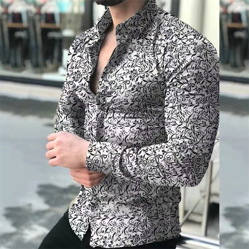 Men's Shirts Vintage Flowers 3D Print Hawaiian Casual Button Up Dress Slim Fit Long Sleeve Beach Streetwear Men Clothing 220322