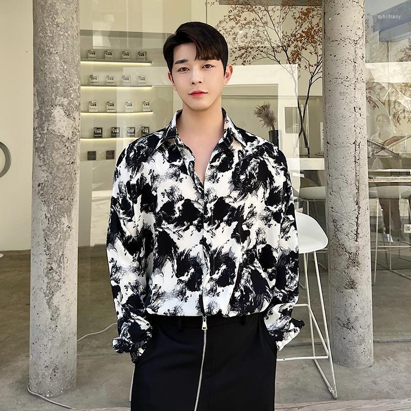 Men's Dress Shirts Men Ink Painting Print Draped Luxury Blouse Loose Relax Party Daily Casual Tops Hondsome Boy Dance Romantic Dating Retro, Black