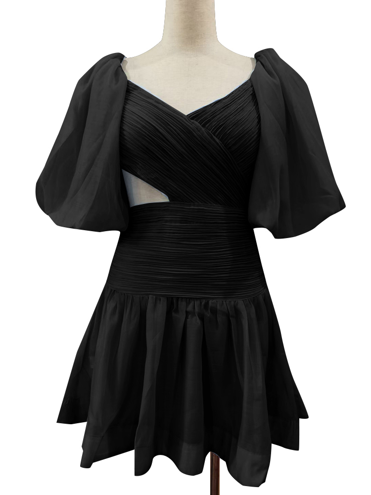 TWOTWINSTYLE Solid Cut Out Dress For Women V Neck Short Sleeve High Waist Ruched Mini Dresses Female Summer Clothing 220613