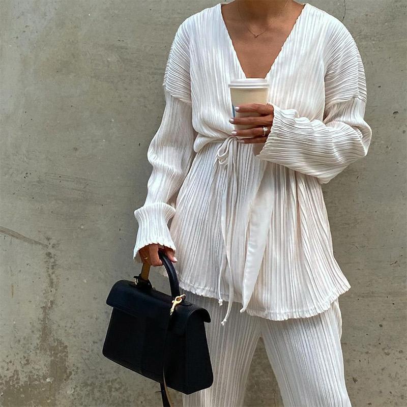 Women' Two Piece Pants Elegant Casual Fold Women' Tracksuit Female Tops Straight Trousers Suit Fashion Cross Lace Up Top Long 2 Pieces, White
Women' Two Piece Pants Elegant Casual Fold Women' Tracksuit Female Tops Straight Trousers Suit Fashion Cross Lace Up Top Long 2 Pieces, White
