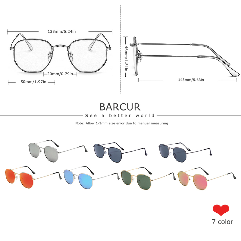 BARCUR Classic Retro Reflective Sunglasses Man Hexagon Metal Frame Eyewear Sun Glasses With Box DS gafas 220513