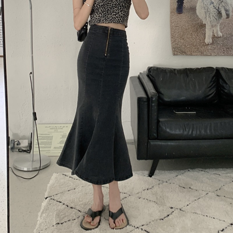 Faldas Mujer Moda Vintage Wrap Hip High Waist Black Denim Skirt Mermaid Split Plus Size Streetwear Trumpet Wild Sexy 220322