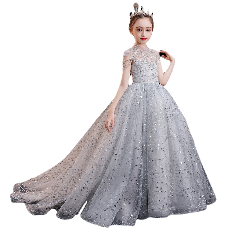 Princess Sliver Flower Dresses Lace 3D Floral Appliques Sequined Ball Gown Little Girl Birthday Party Gowns Sweep Train Kids Formal Wear 403