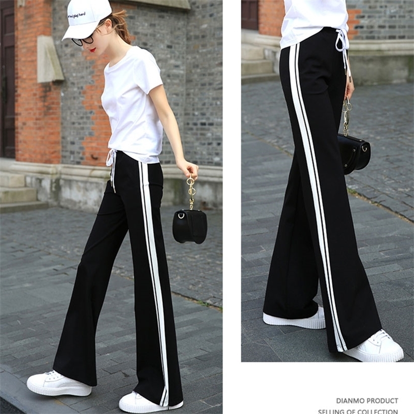 Women Joggers Sweatpants Casual Wide Leg Pants Fashion Stripe Hip Hop Trousers Streetwear Lady Black High Waist All-match 220325