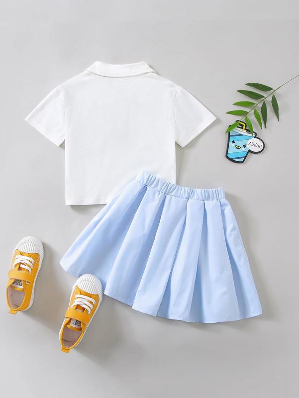 Toddler Girls Tennis Racket And Letter Graphic Polo Neck Tee & Pleated Skirt SHE