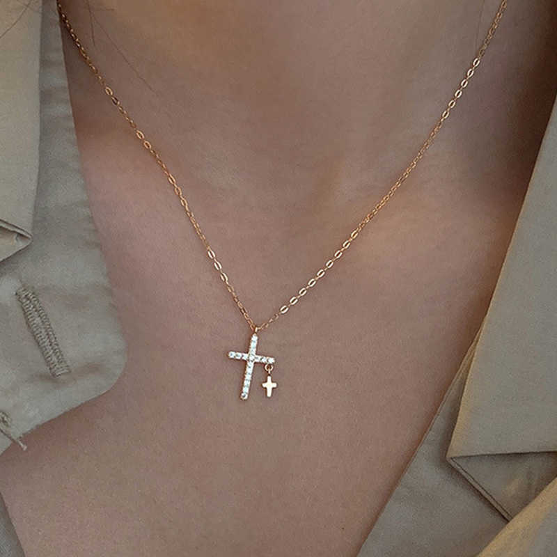 Cross New Fashion Blue Choker Necklace For Women Girls Gold Color Clavicle Chain Pendant Jewelry Collar Gifts