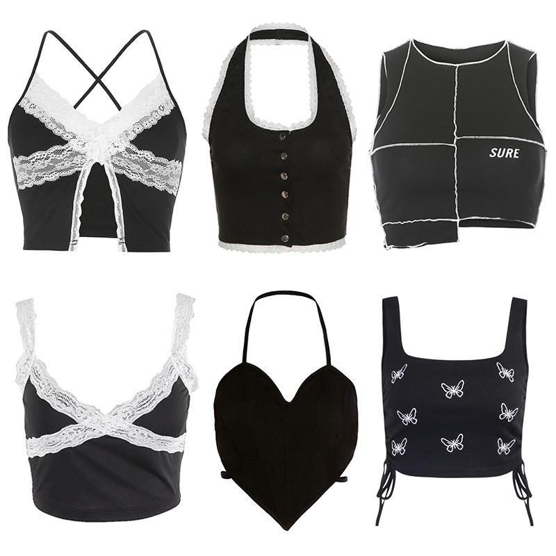 

Women's Tanks & Camis Black Crop Top Patchwork Lace Spaghetti Strap Corset Sleeveless 2000s Cami Y2k Aesthetic Sexy Camisole Summer 2022Wome, Black tops 9