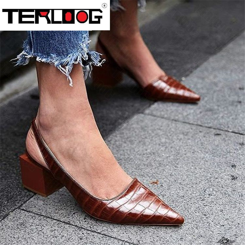 Women's Pointed Toes Pumps Mid Chunky Heels Slingback Sandals Shoes Summer Vintage Woman Lady Female Sandals Slippers Shoes 220418