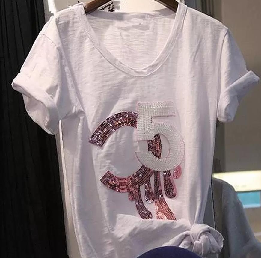 Women Top White T Shirt Letter Casual Short Sleeve Sequined T-Shirt Fashion Tee Femme Lady Clothes