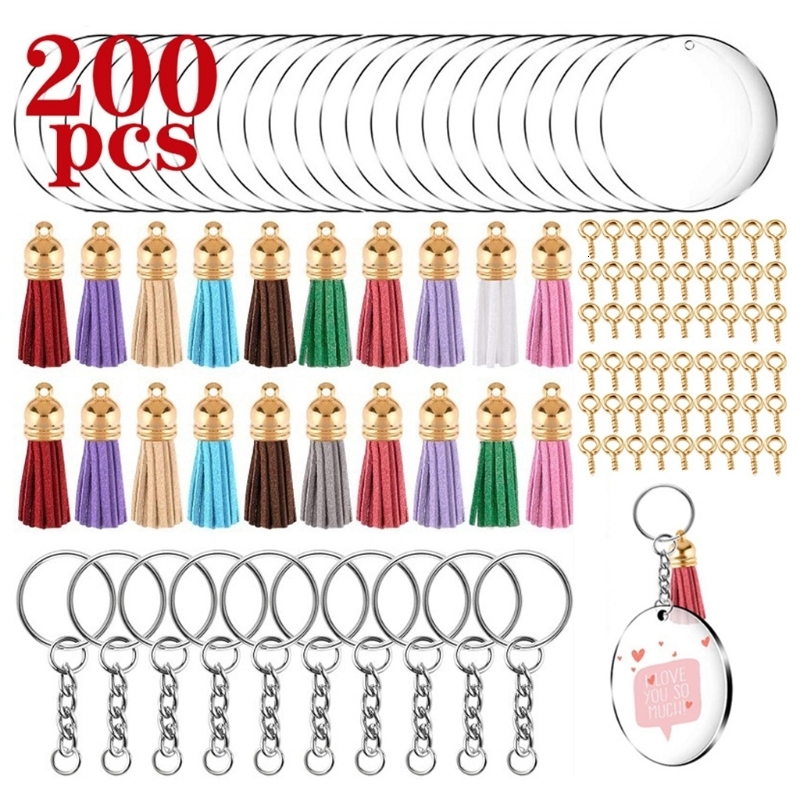 Keychains Lanyards 200 Pcs Acrylic Keychain Blanks Kit with Key Rings Jump Rings Round Clear Discs Circles Colorful Tassel Pendants for DIY 230206