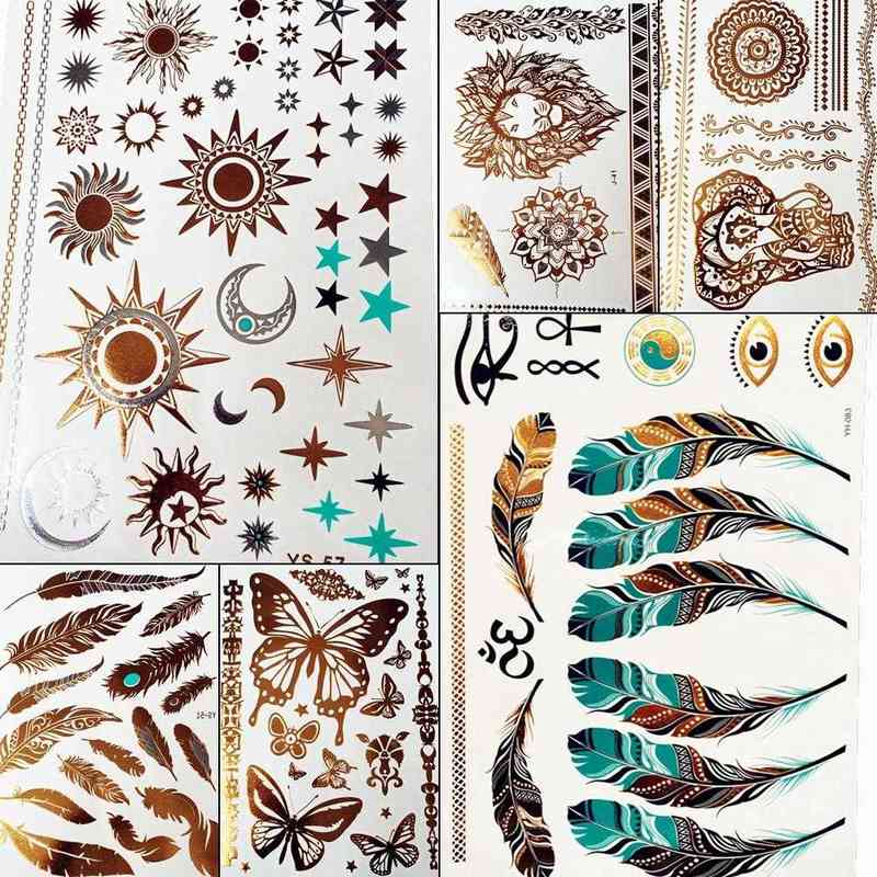 NXY Temporary Tattoo Gold Sun Silver Moon Stickers Women Kids Body Art Star Feather Golden Metallic Water Transfer Flash Tatoo Child 0330