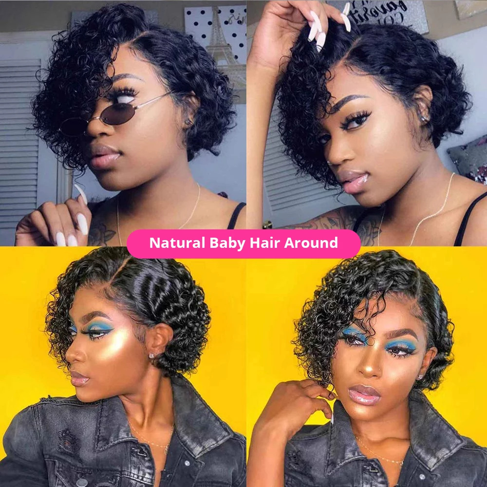Short Curly Front Wig Brazilian Water Wave Human Hair Pixie Cut Transparent Lace Closure Wigs For Black Women