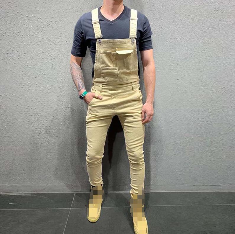 Men Black Jeans Jumpsuits Spring Autumn Casual Skinny Sleeveless Red Denim Overalls Male Slim Green Suspender Pants Streetwear