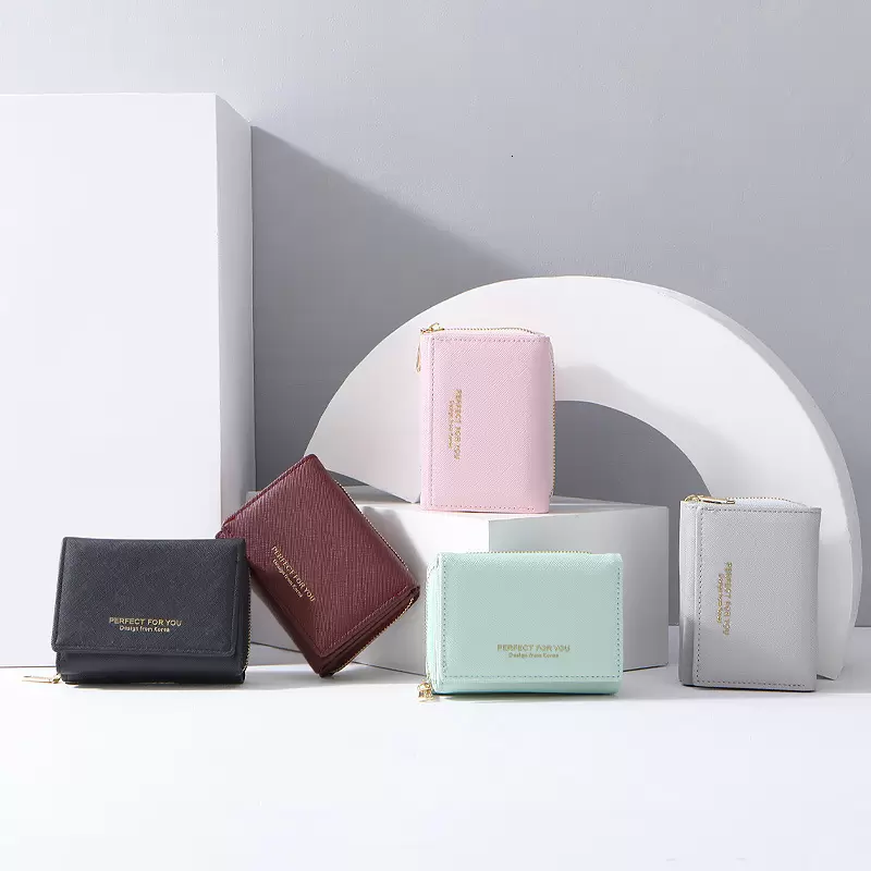 Wallets Weichen Lady's Cross Pattern Zipper Short Three Fold Student Wallet