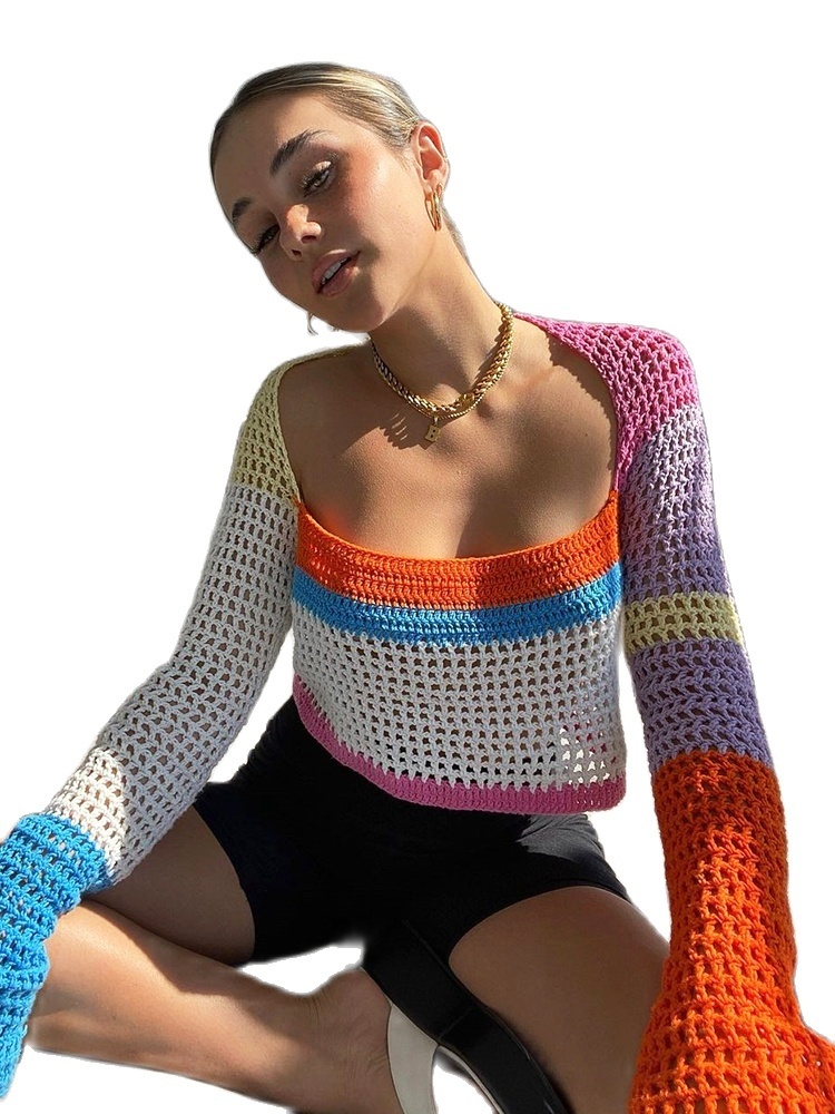 FSDA Knitted Long Sleeve Crop Top Women Beach Autumn Summer Patchwork Vintage Green Casual T Shirts Sexy Fashion 220527