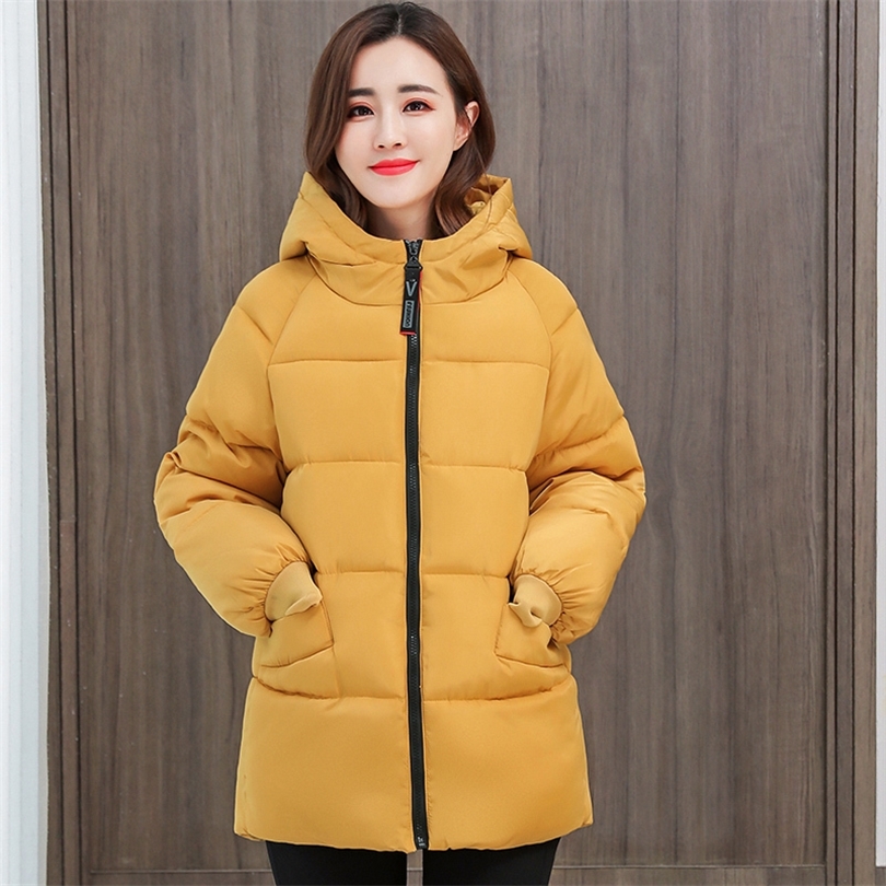 Plus Size Winter Coat Hooded Casual Loose Winter Cotton Jacket Women Yellow Puffer Jacket Oversize Winter Clothes Women Outwear 201019