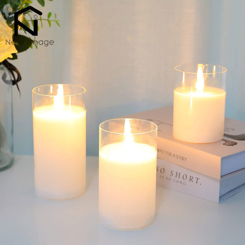 3pcs glass wax flameless candles 3d effect led candles white wax battery candles with 8key remote control home decor