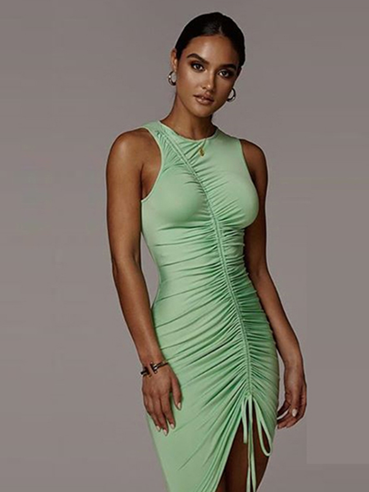 Asia Sleevelss Women Dress Sexy Slash Drawstring Ruched Bodycon Dress Elegant Can Adjust Length Summer Mini Dress Black 220511