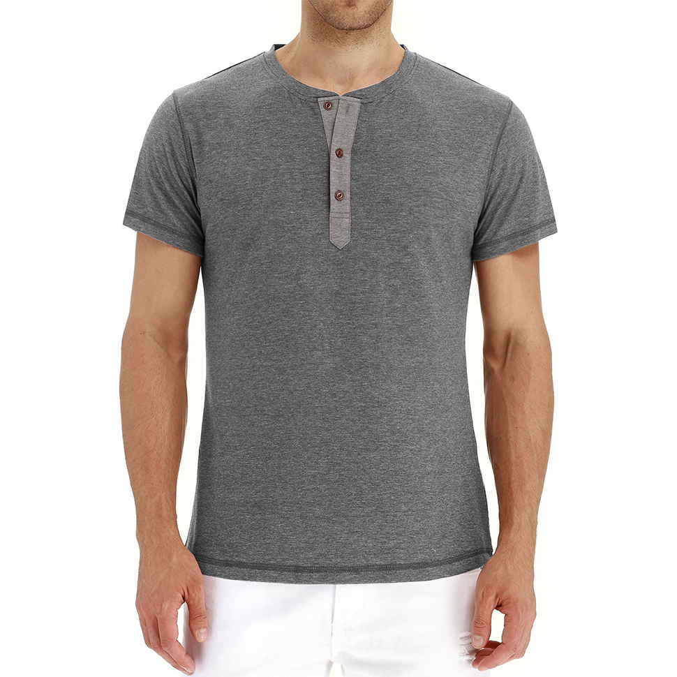 Summer Men Casual Shirts Round Collar Henley Shirt Short Sleeve T-Shirt Cotton Slim Tee