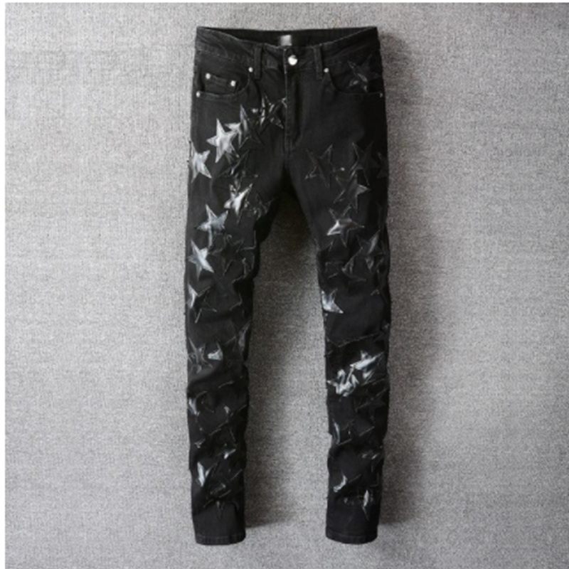 America Jeans Male blue Orange star Leather Patchwork Jeans Hole Repair Streetwear Jean Homme Ripped Men Motorcycle Pant amiri