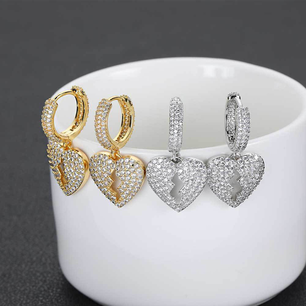 Hip Hop Heartbreak Dangle Earrings Bling White Zircon Hoop Earrings 18K Real Gold Plated Jewelry