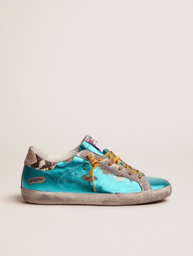Sole Heel Dirty Shoes Designer Luxurious Italian Vintage Handmade Turquoise Green Laminated Super-Star LTD Sneakers with Snake Heel Tab, High quality laces
Sole Heel Dirty Shoes Designer Luxurious Italian Vintage Handmade Turquoise Green Laminated Super-Star LTD Sneakers with Snake Heel Tab, High quality laces