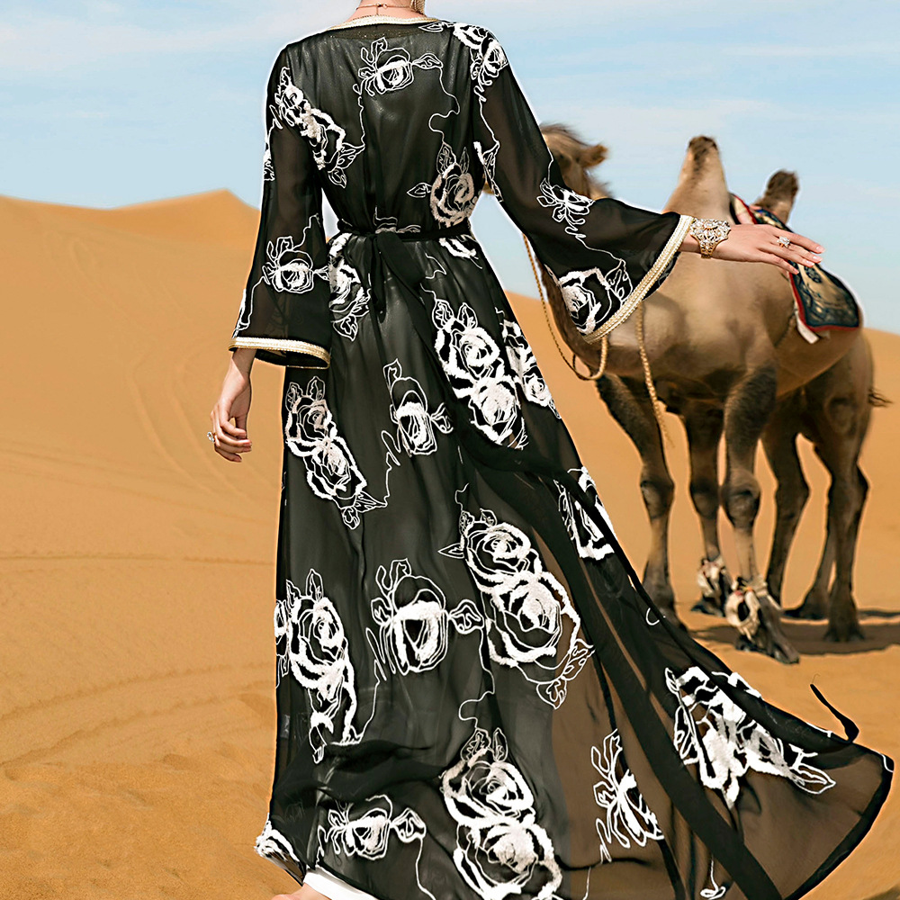 Elegant Black Two Pieces Evening Dress 2022 Dubai Long Sleeve Arabic Long Prom Dresses With Belt Vintage Women Formal Party Gown Vestidos De Noche Lar