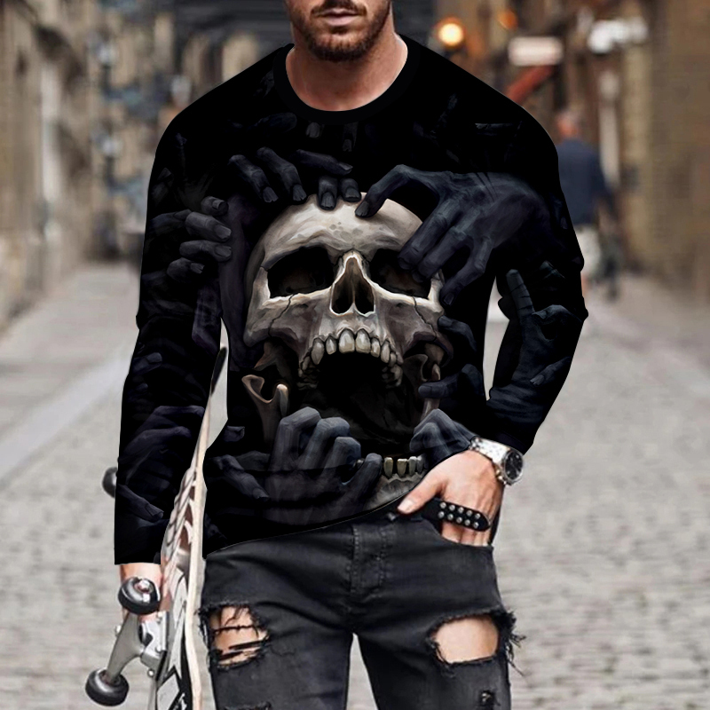 Good Quality Men's Sports T-Shirt 3D Digital Printing TEE Male Street Trend Dark Death Skull Long sleeve Tops 220408