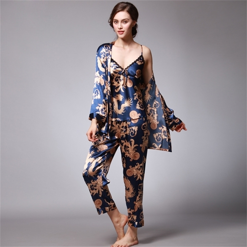 Women's Pajama Set Sleepwear Suit Underwear 3 Pieces Loungewear Floral Printing Pyjamas for Ladies Autumn home clothes Homewear 210924
