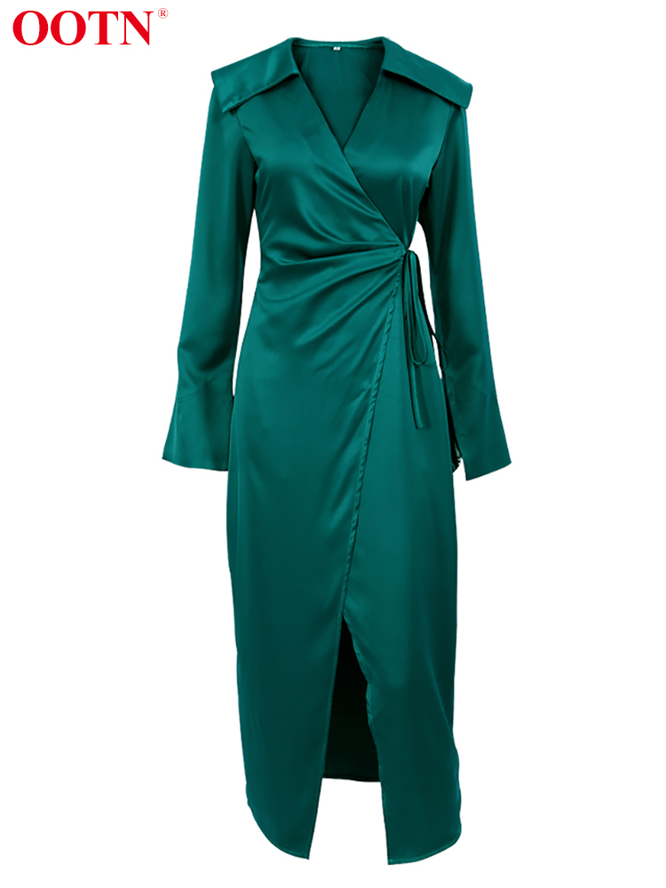 OOTN V-Neck Satin Wrap Elegant Long Dress Women Fashion Green Summer A-Line Mid-Cal Dresses Split Sexy Dress Office Lady 220511