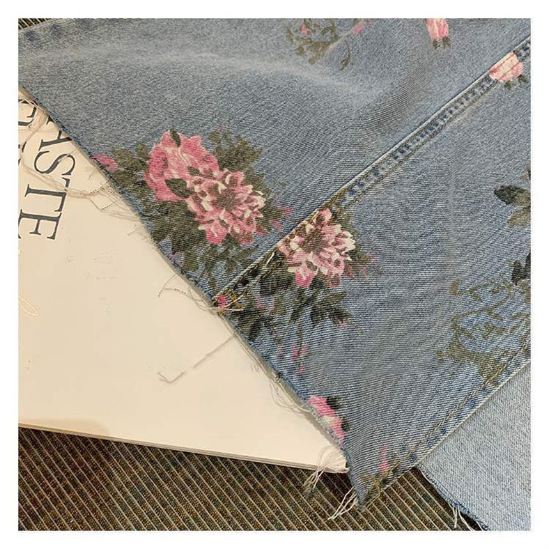 Streetwear Vintage Flowers Print Long Denim Skirts Summer High Waist Slim Sexy Open Split Straight Skirt Jeans Saias Female 220317