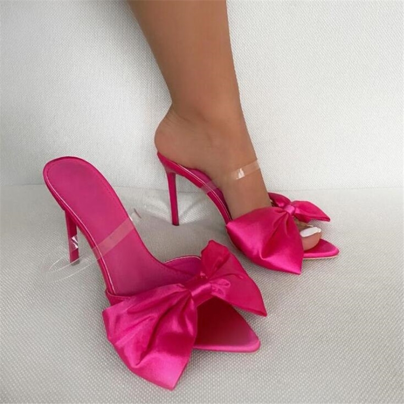 Women slippers Mule high heels Silk Butterflyknot Slippers Sandals flip flops Pointed toe Strappy Slides Party shoes 210402