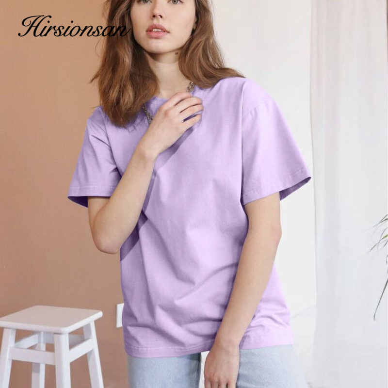 Hirsionsan Basic Cotton T Shirt Women Summer Loose Solid Tees 18 Color Casual Tshirt Korean O Neck Female Tops 220328