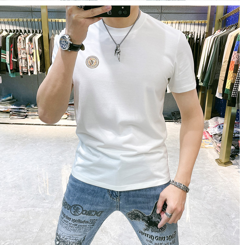 2022 New T-shirt Men's Slim Casual Personalized Simple White V-logo Embroidery Hot Diamond Fashion Mercerized Cotton Man Tees Top Quality Ma